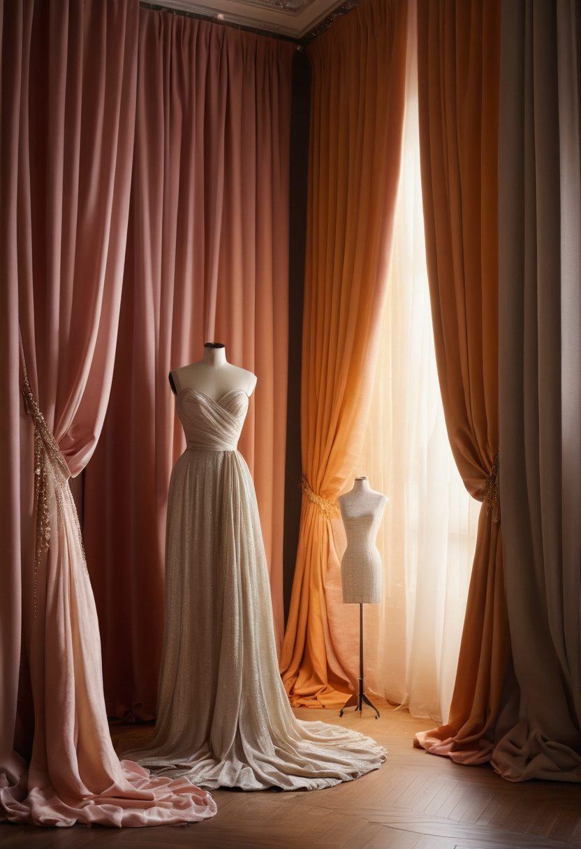 An elegant scene showcasing a beautifully draped curtain partially drawn, revealing a chic and sophisticated fashion display behind it. The background features mannequins adorned with trendy outfits, surrounded by soft lighting that reflects luxury and style. A hint of glamour is added with sparkling accessories and plush textures. super-realistic. vibrant colors. soft focus.
