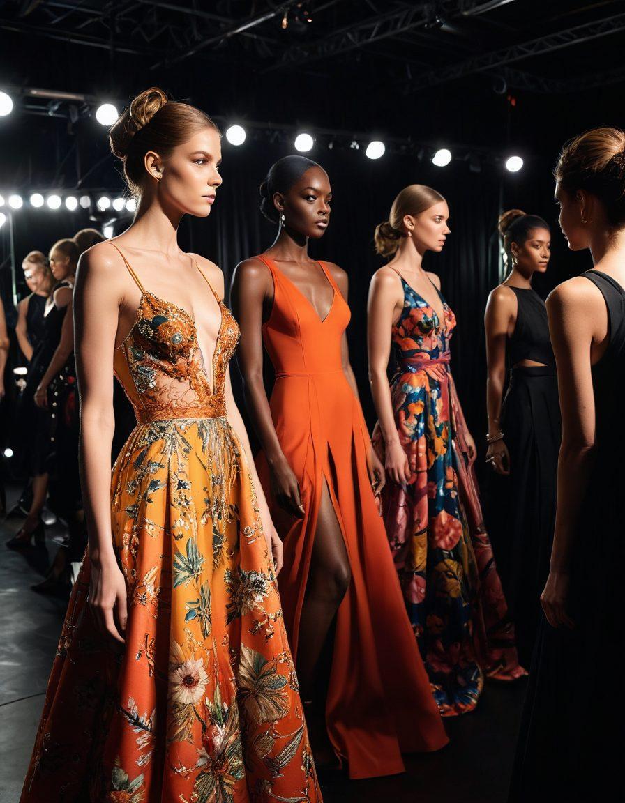 A luxurious backstage scene featuring a glamorous fashion show, with elegantly dressed models in stunning outfits, intricate details of fabrics, and vibrant colors. The atmosphere is filled with excitement, showcasing makeup artists in action, stylists adjusting garments, and a hint of artistic chaos. Soft, glowing lights enhance the elegance of the setting, inviting the viewer into a world of high fashion. super-realistic. vibrant colors. dramatic lighting.